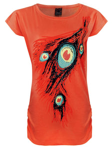 Coral / One Size: Regular (6-12) Ladies Girls Cap Sleeve Printed T-Shirt The Orange Tags