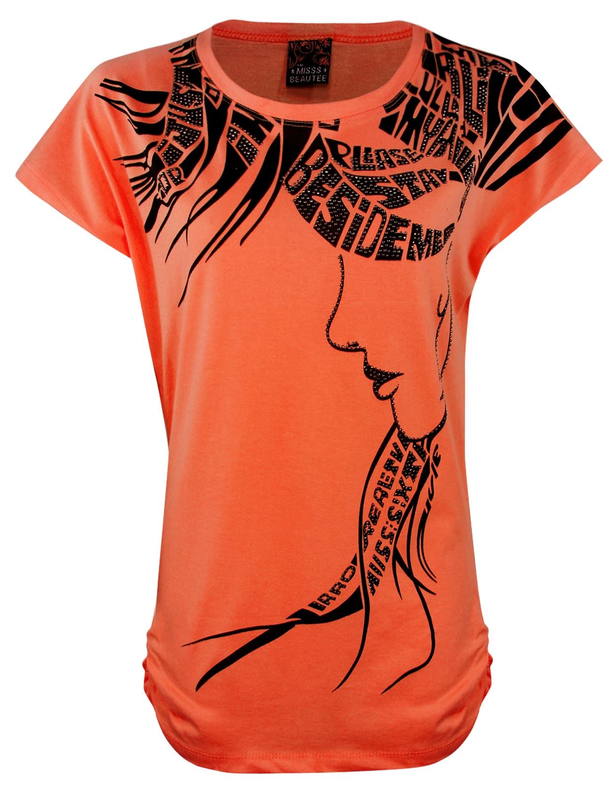 Coral 1 / One Size: Regular (8-14) Ladies Girls Cap Sleeve Printed T-Shirt The Orange Tags