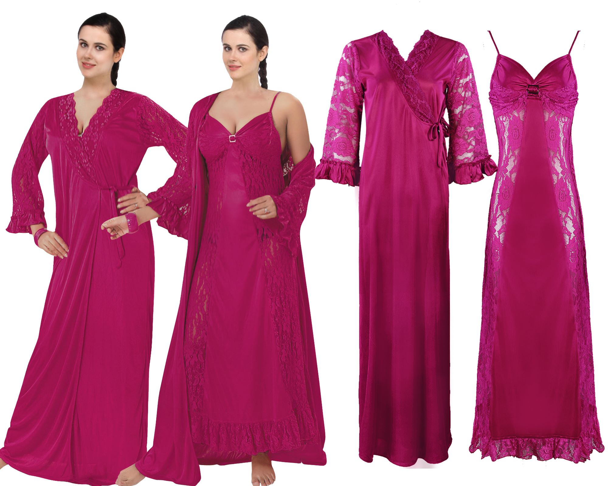 Fuchsia / One Size Sexy Satin Lace Nightdress With Robe The Orange Tags