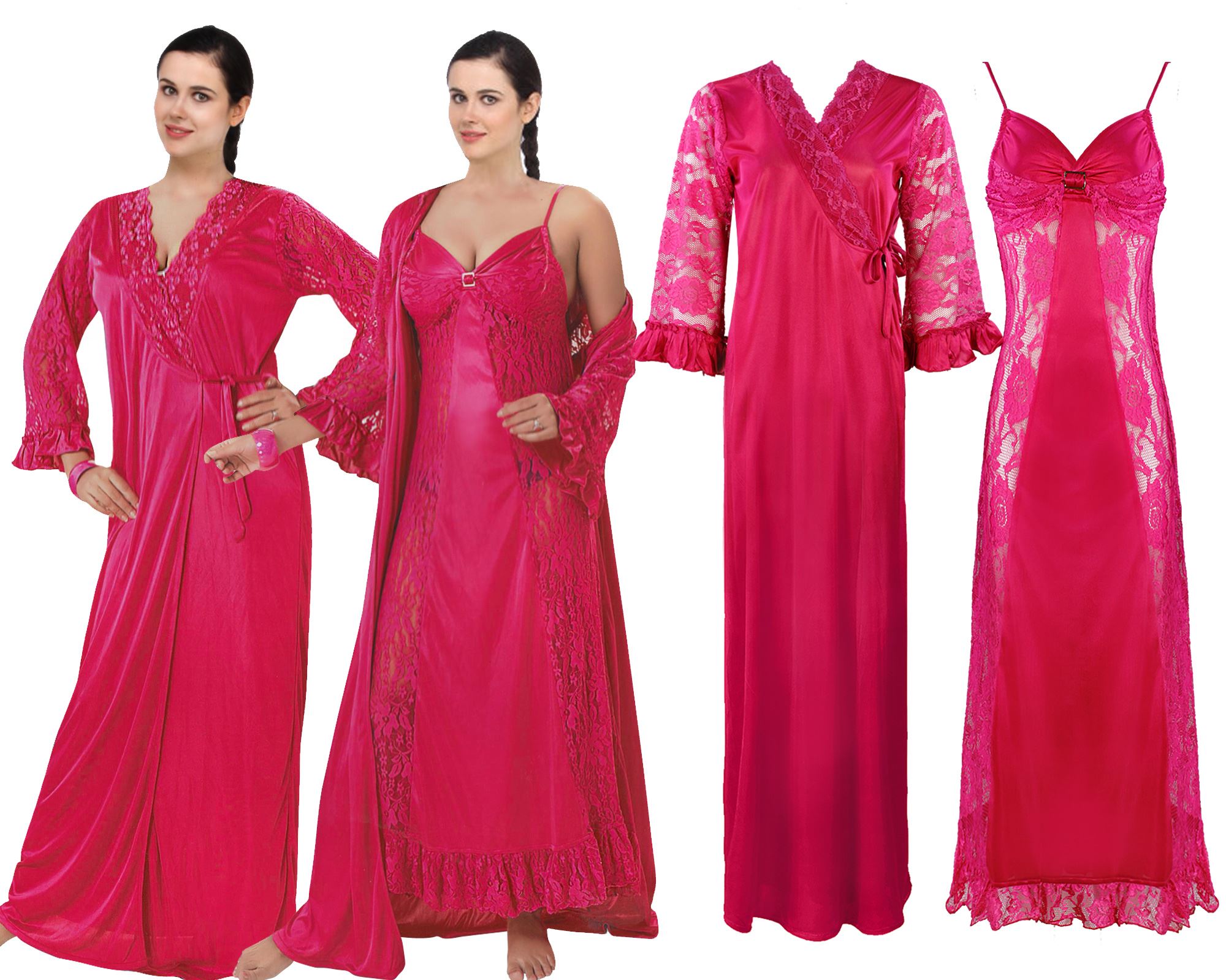 Cerise / One Size Sexy Satin Lace Nightdress With Robe The Orange Tags