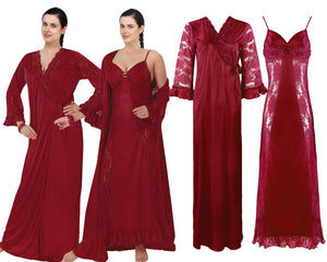 Deep Red / One Size Sexy Satin Lace Nightdress With Robe The Orange Tags