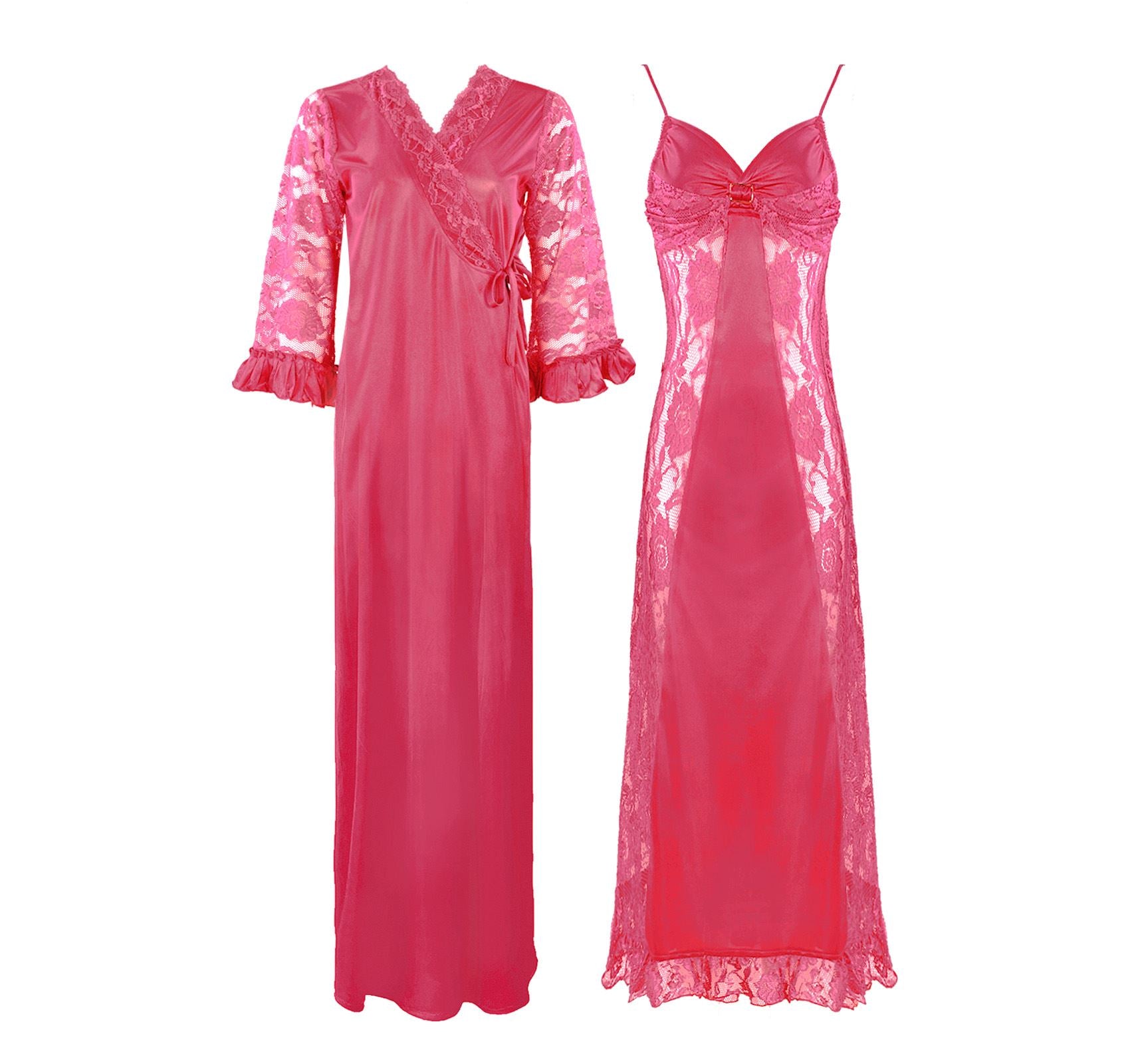 Pink / One Size Sexy Satin Lace Nightdress With Robe The Orange Tags