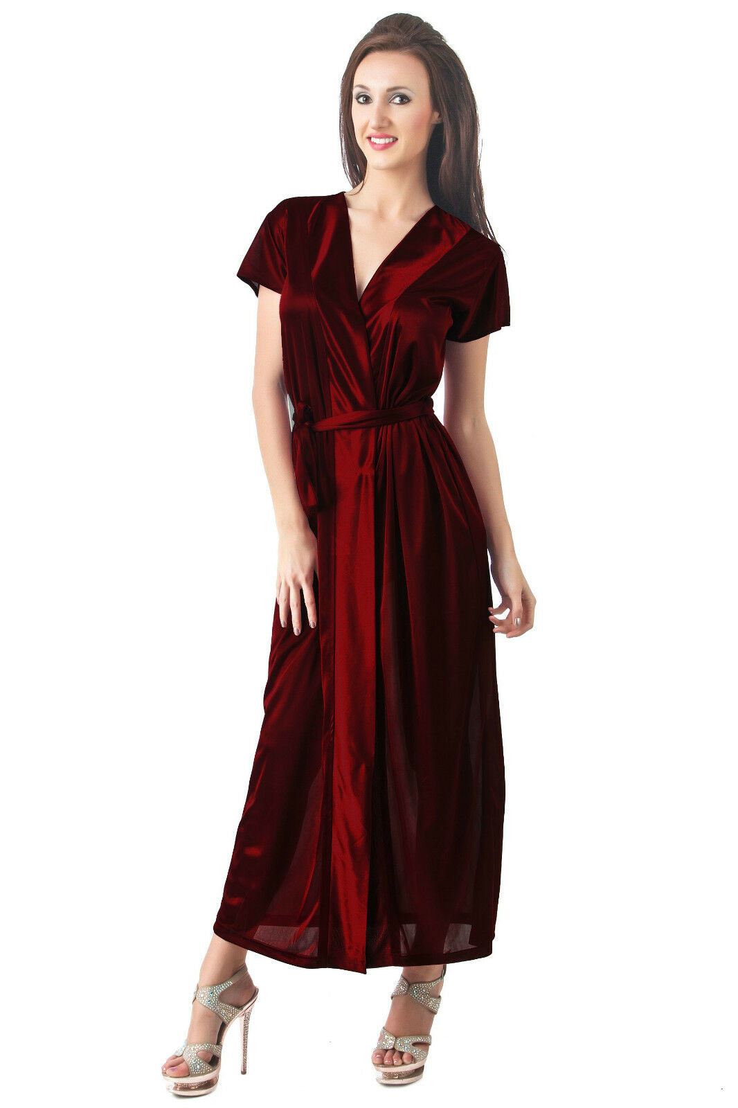 Deep Red / One Size Women Satin Loose fit Robe Gown The Orange Tags