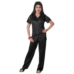 Black / One Size 3 Pcs Satin Pyjama Set with Bedroom Slippers The Orange Tags