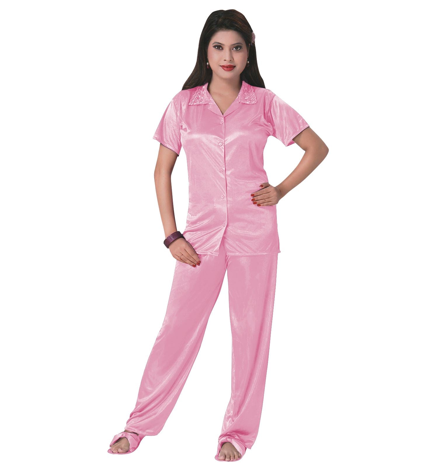 Rose / One Size 3 Pcs Satin Pyjama Set with Bedroom Slippers The Orange Tags