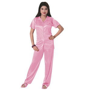 Rose / One Size 3 Pcs Satin Pyjama Set with Bedroom Slippers The Orange Tags