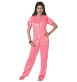 Afbeelding in Gallery-weergave laden, Coral Pink / One Size 3 Pcs Satin Pyjama Set with Bedroom Slippers The Orange Tags
