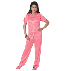 Coral Pink / One Size 3 Pcs Satin Pyjama Set with Bedroom Slippers The Orange Tags