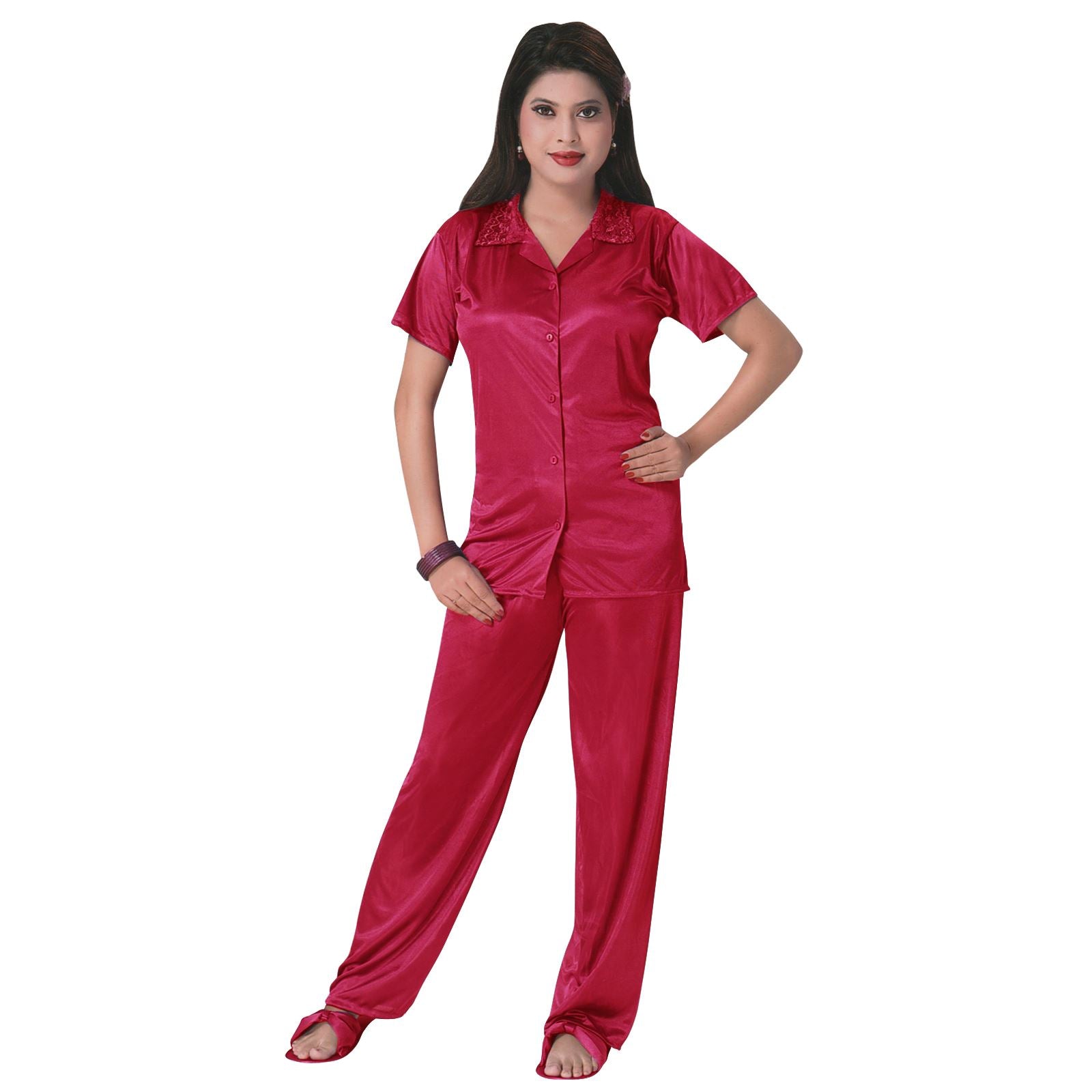 Cerise / One Size 3 Pcs Satin Pyjama Set with Bedroom Slippers The Orange Tags