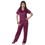 Afbeelding in Gallery-weergave laden, Wine / One Size 3 Pcs Satin Pyjama Set with Bedroom Slippers The Orange Tags
