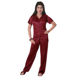 Load image into Gallery viewer, Deep Red / One Size 3 Pcs Satin Pyjama Set with Bedroom Slippers The Orange Tags
