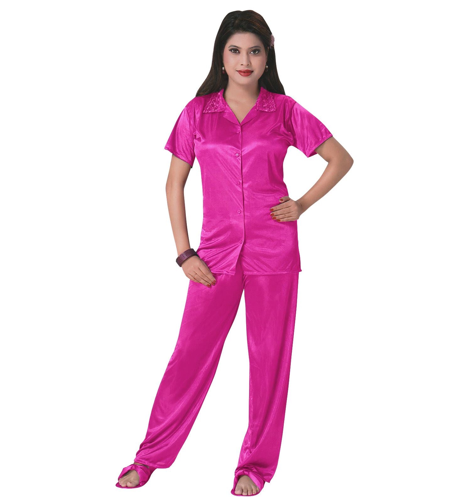 Rose Pink / One Size 3 Pcs Satin Pyjama Set with Bedroom Slippers The Orange Tags
