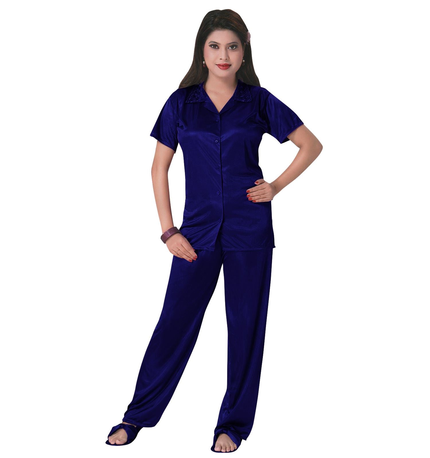 Navy / One Size 3 Pcs Satin Pyjama Set with Bedroom Slippers The Orange Tags