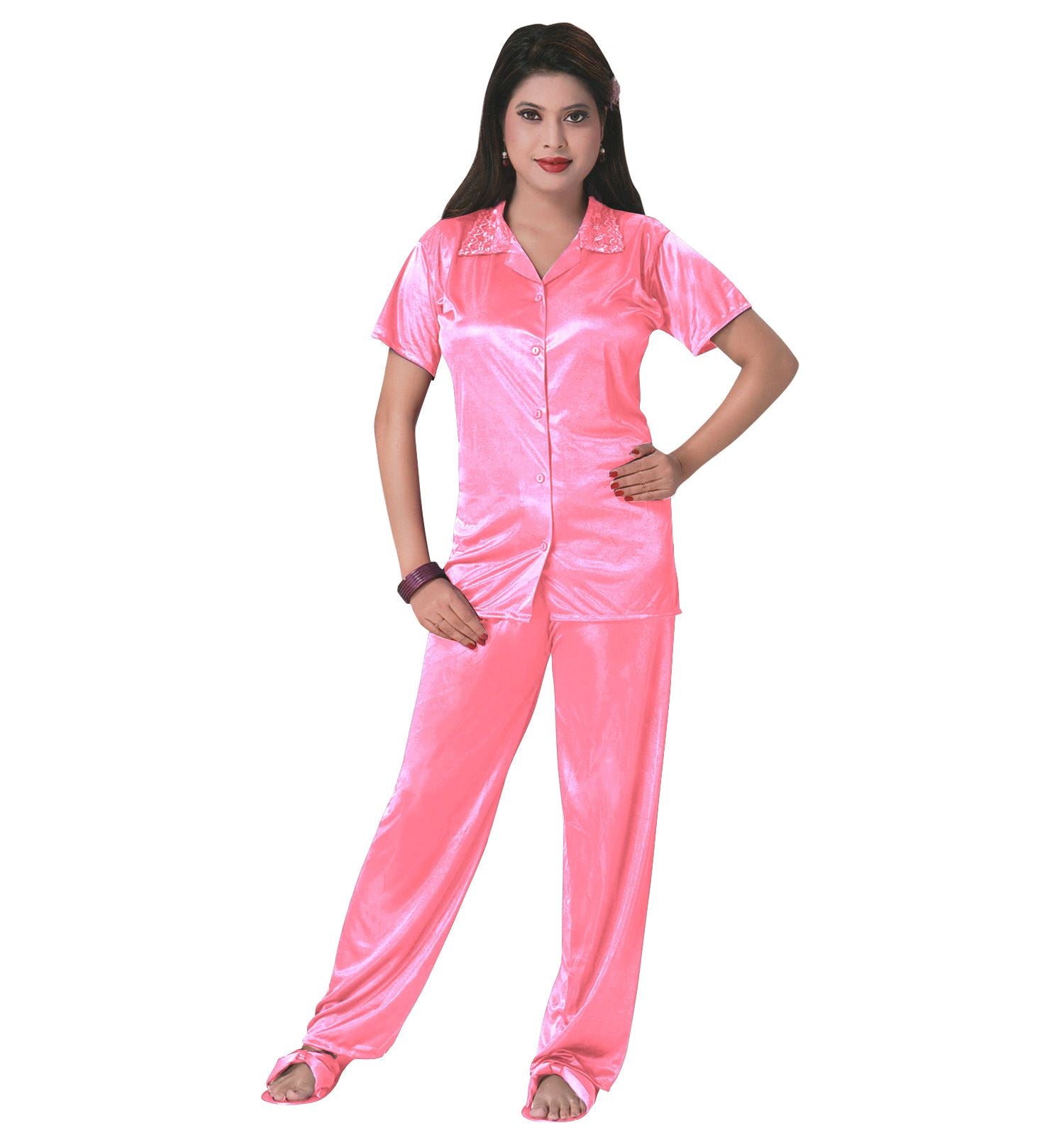 Baby Pink / One Size 3 Pcs Satin Pyjama Set with Bedroom Slippers The Orange Tags