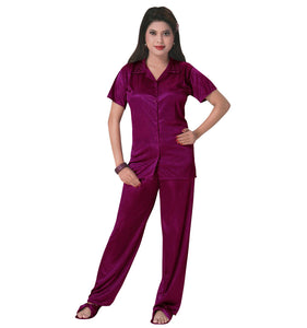 Purple / One Size 3 Pcs Satin Pyjama Set with Bedroom Slippers The Orange Tags