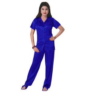 Royal Blue / One Size 3 Pcs Satin Pyjama Set with Bedroom Slippers The Orange Tags