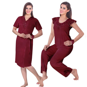 Deep Red / One Size 3 Pcs Pyjama Set With Robe The Orange Tags