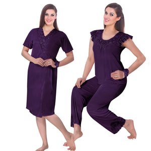 Dark Purple / One Size 3 Pcs Pyjama Set With Robe The Orange Tags