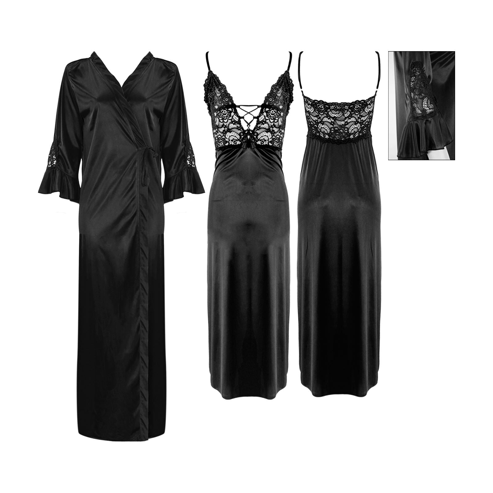 Black / L Sexy Corset Satin Short Nighty with Long Robe The Orange Tags
