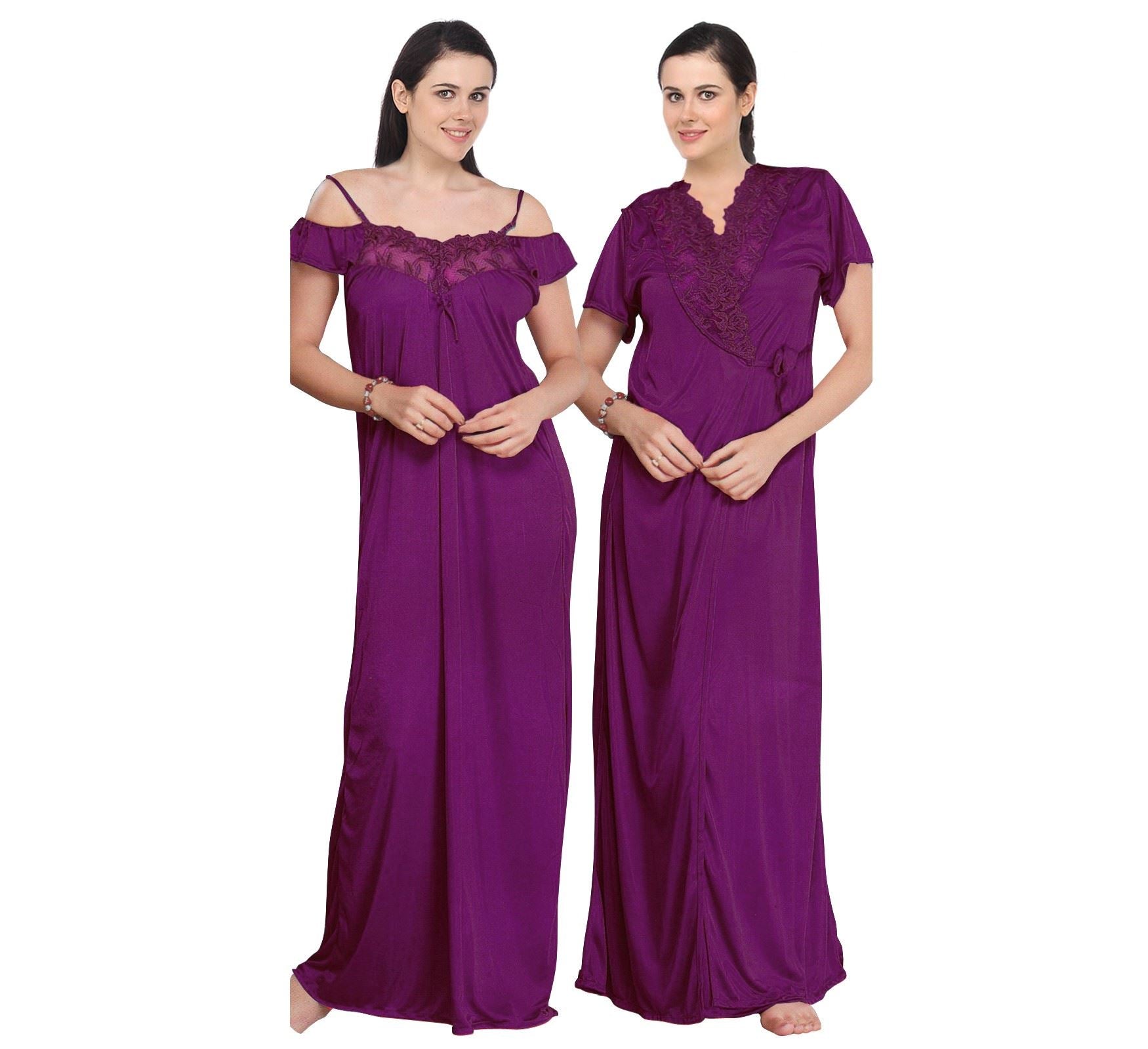 Purple / One Size Off Shoulder Satin Nighty With Robe The Orange Tags