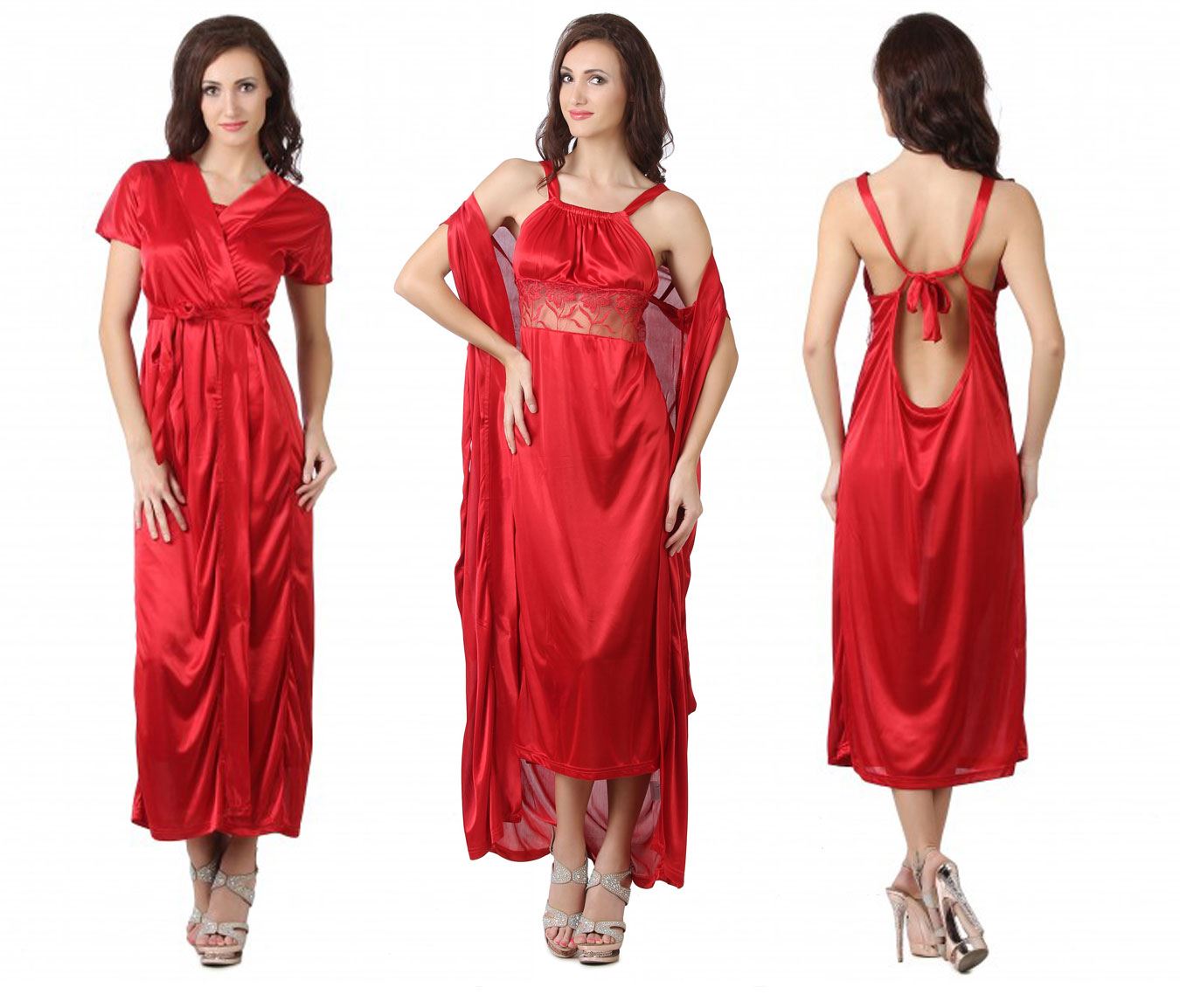Red / One Size Sexy Bridal Satin Nighty With Robe The Orange Tags
