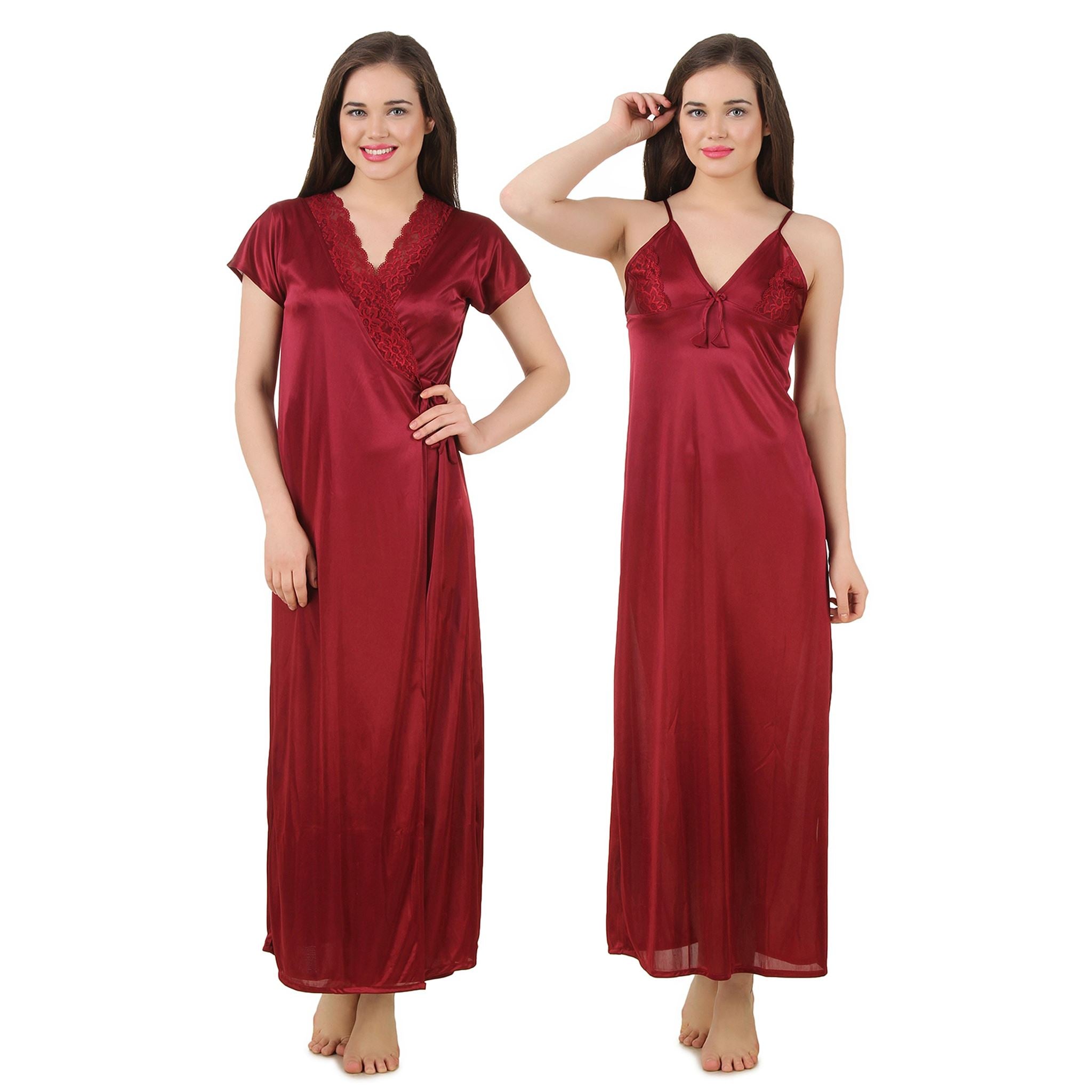 Deep Red / 8-14 Satin Nightwear Set Nighty With Dressing Gown/ Robe The Orange Tags