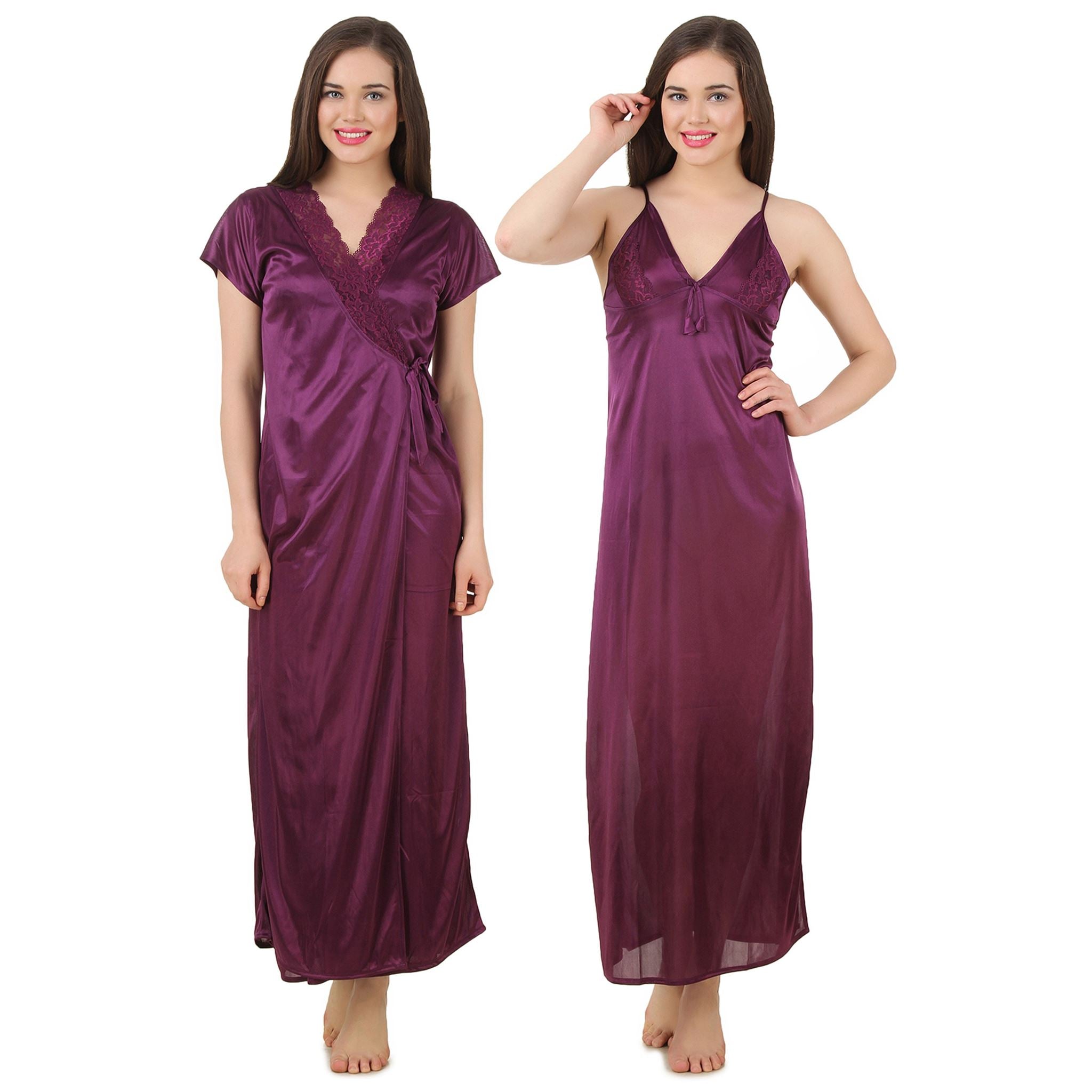 Dark Purple / 8-14 Satin Nightwear Set Nighty With Dressing Gown/ Robe The Orange Tags