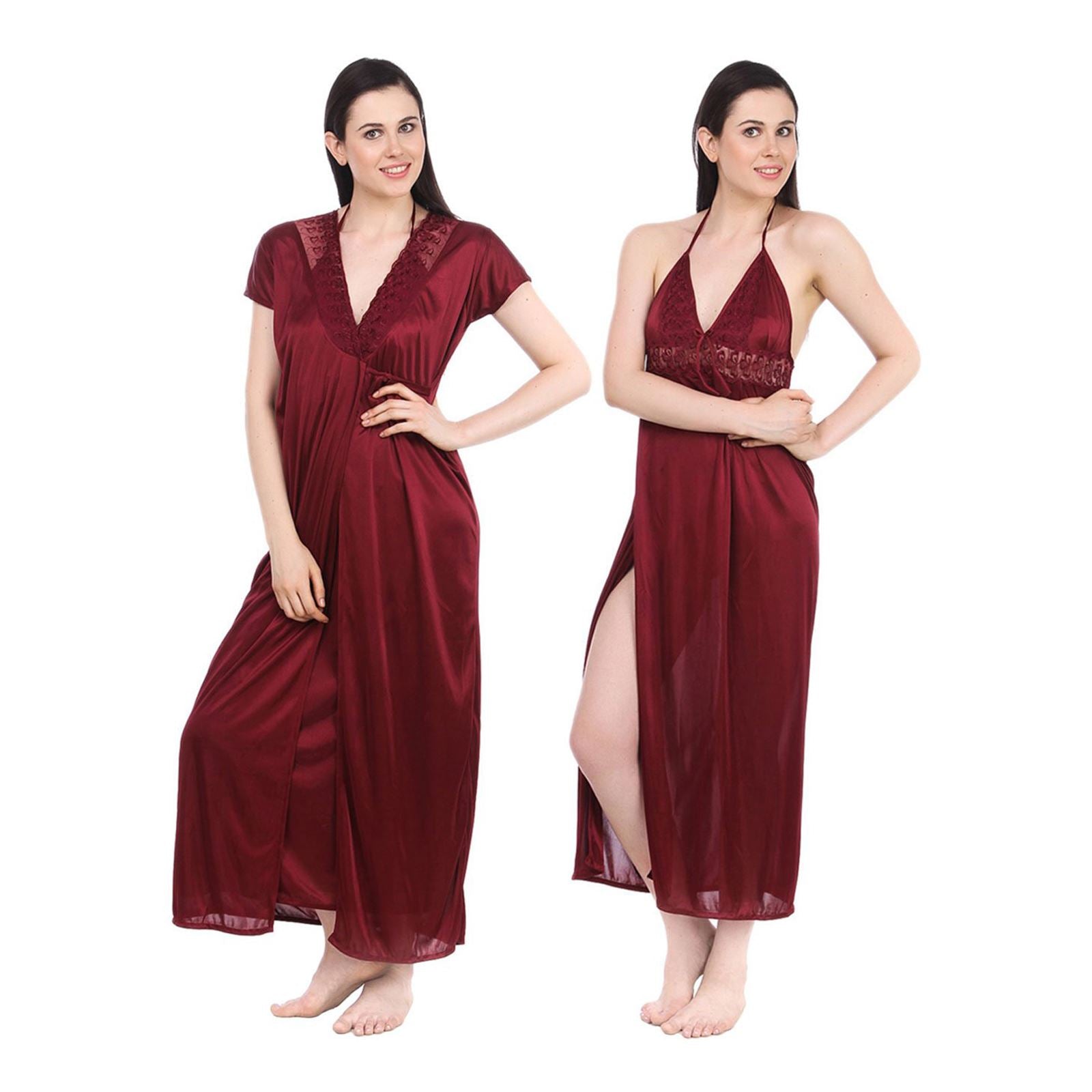 Deep Red / One Size Sexy Satin Long Nighty With Robe The Orange Tags