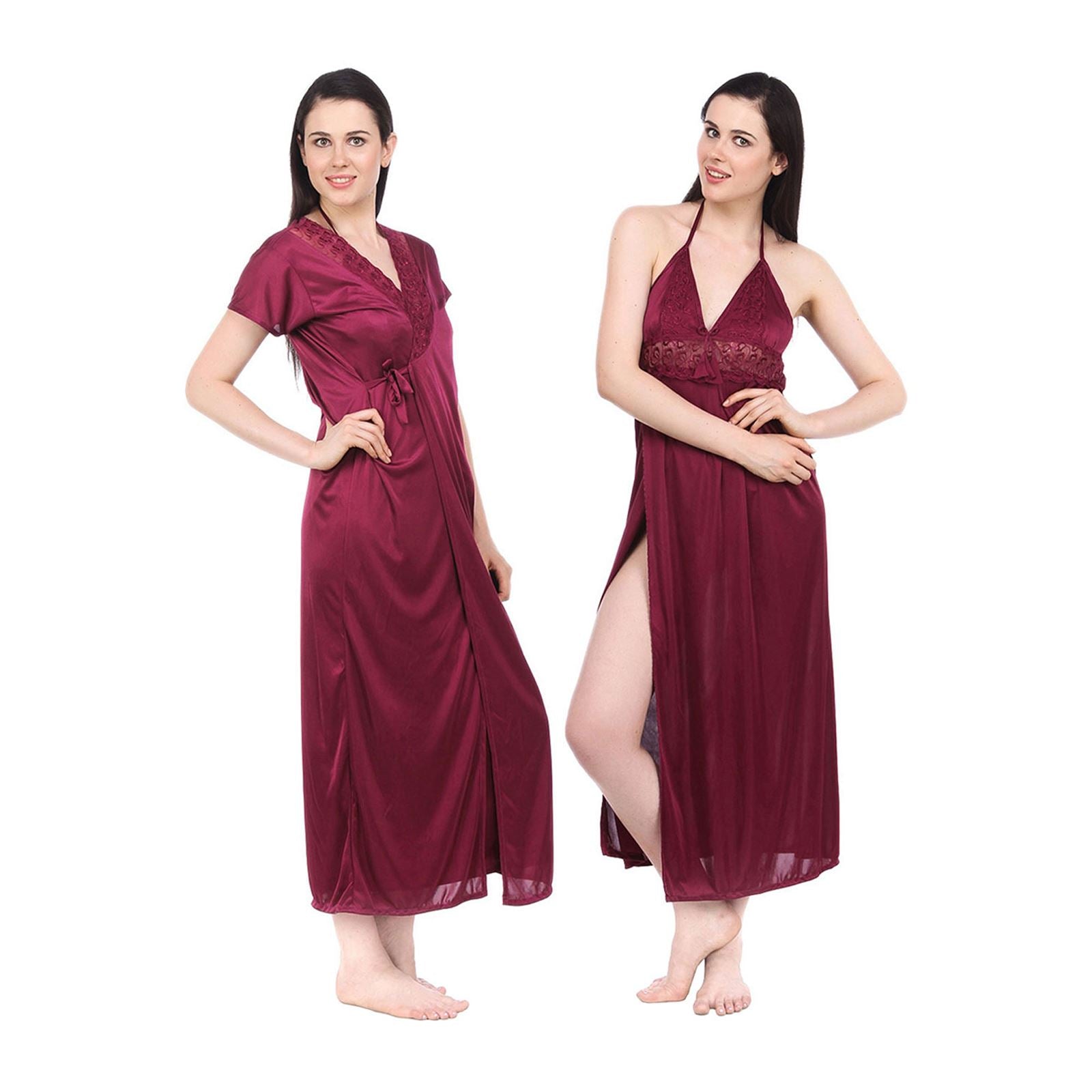 Wine / One Size Sexy Satin Long Nighty With Robe The Orange Tags