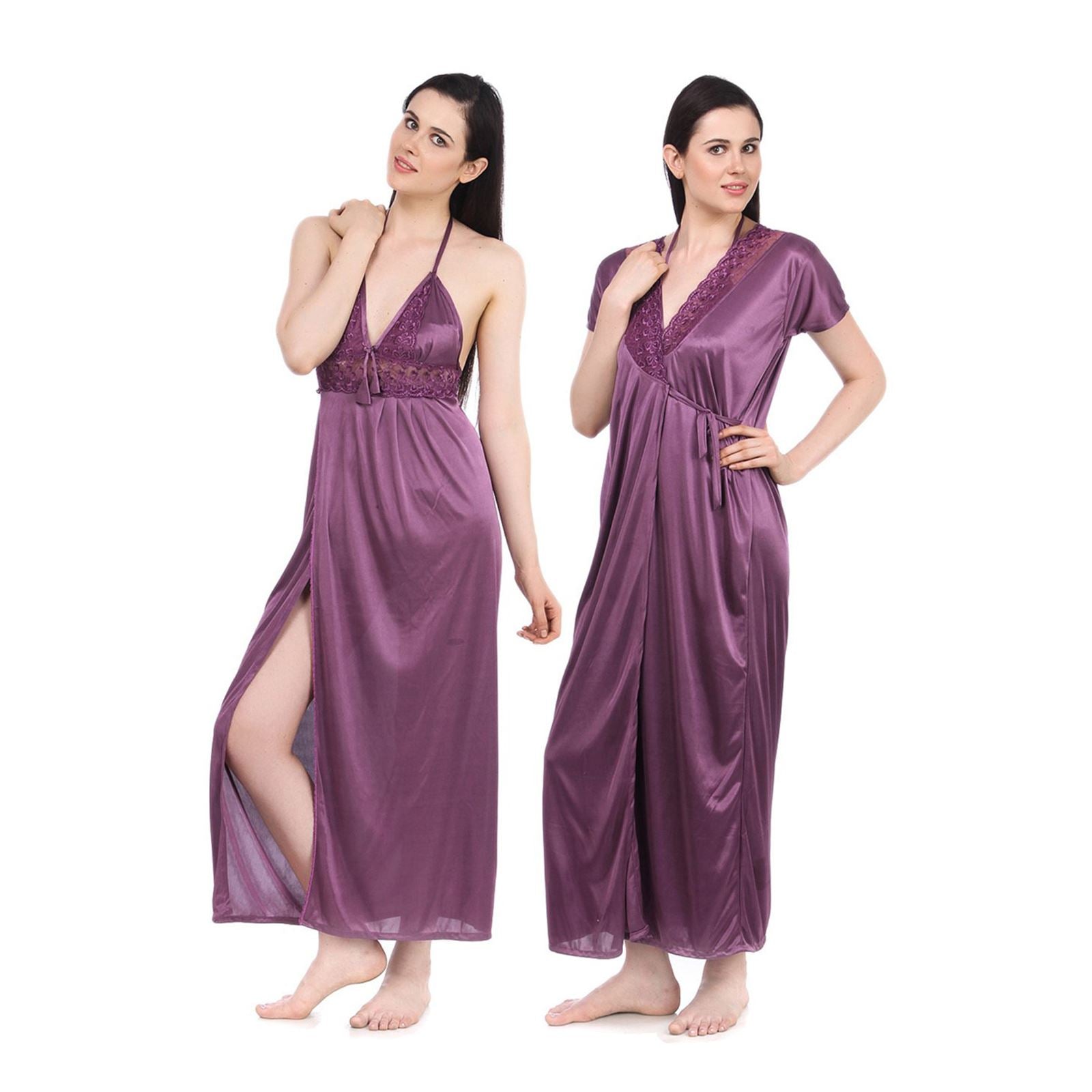 Purple / One Size Sexy Satin Long Nighty With Robe The Orange Tags