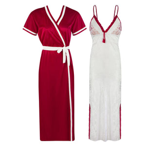 Deep Red / One Size Sexy Lace Satin White Nightdress With Robe The Orange Tags