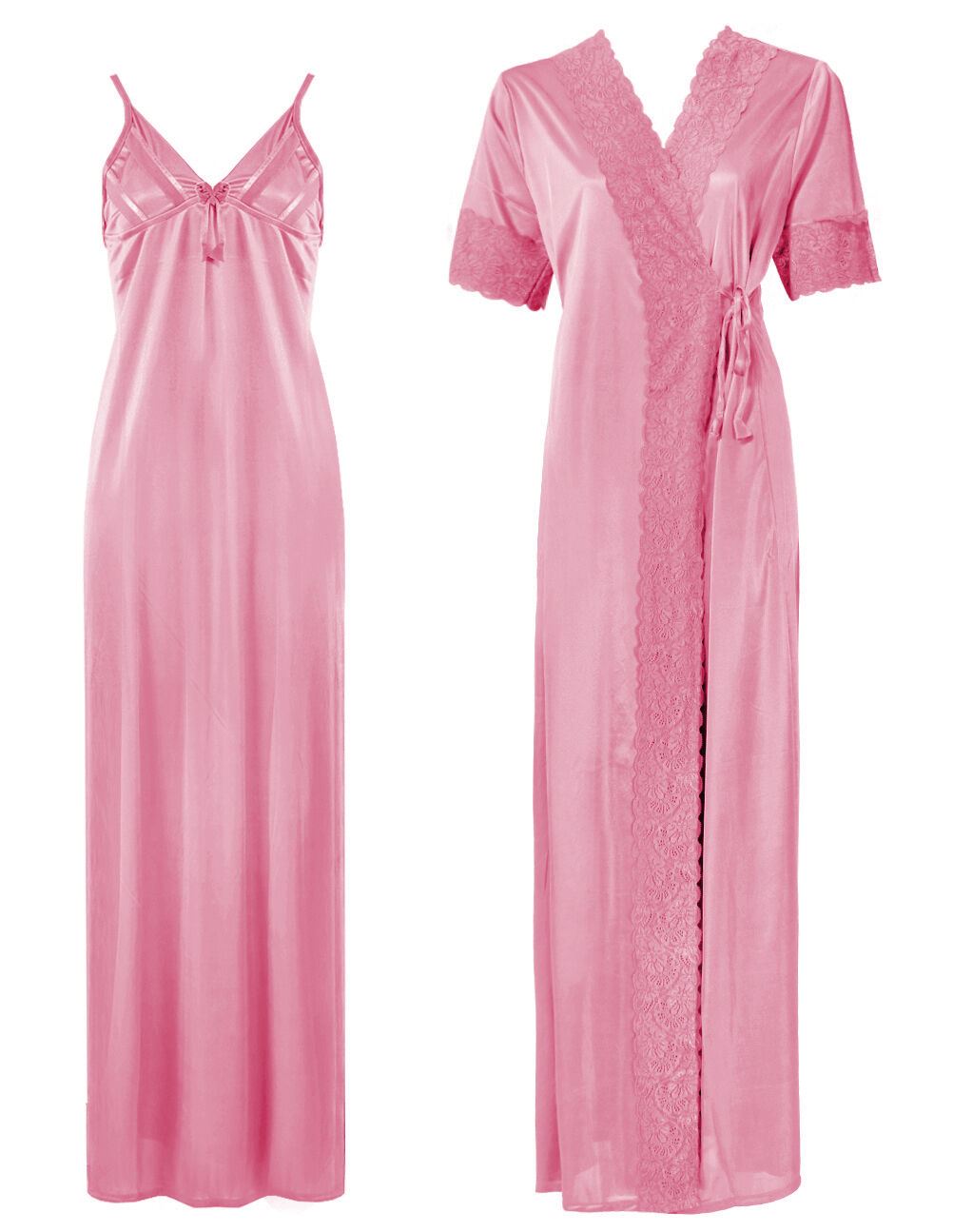 Baby Pink / One Size: Regular Satin Long Strappy Nighty and Robe 2 Pcs Set The Orange Tags