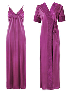Rose Pink / One Size: Regular Satin Long Strappy Nighty and Robe 2 Pcs Set The Orange Tags
