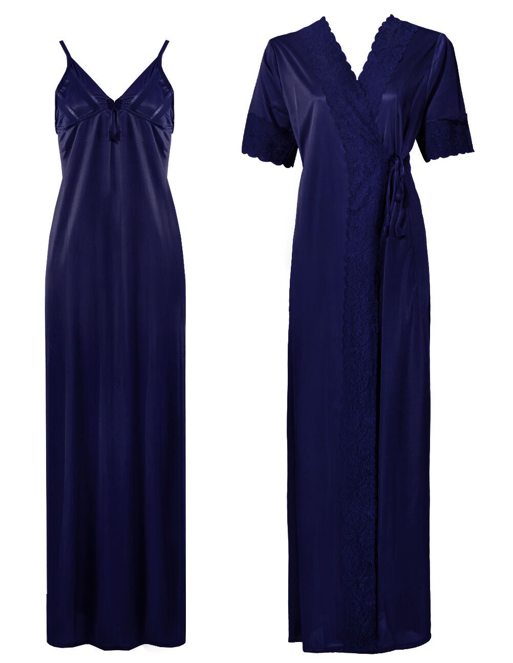 Navy / One Size: Regular Satin Long Strappy Nighty and Robe 2 Pcs Set The Orange Tags