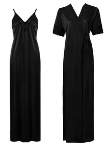 Black / One Size: Regular Satin Long Strappy Nighty and Robe 2 Pcs Set The Orange Tags