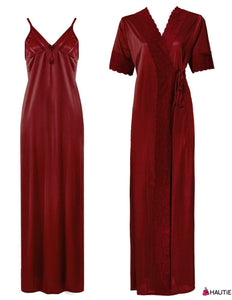 Deep Red / One Size: Regular Satin Long Strappy Nighty and Robe 2 Pcs Set The Orange Tags