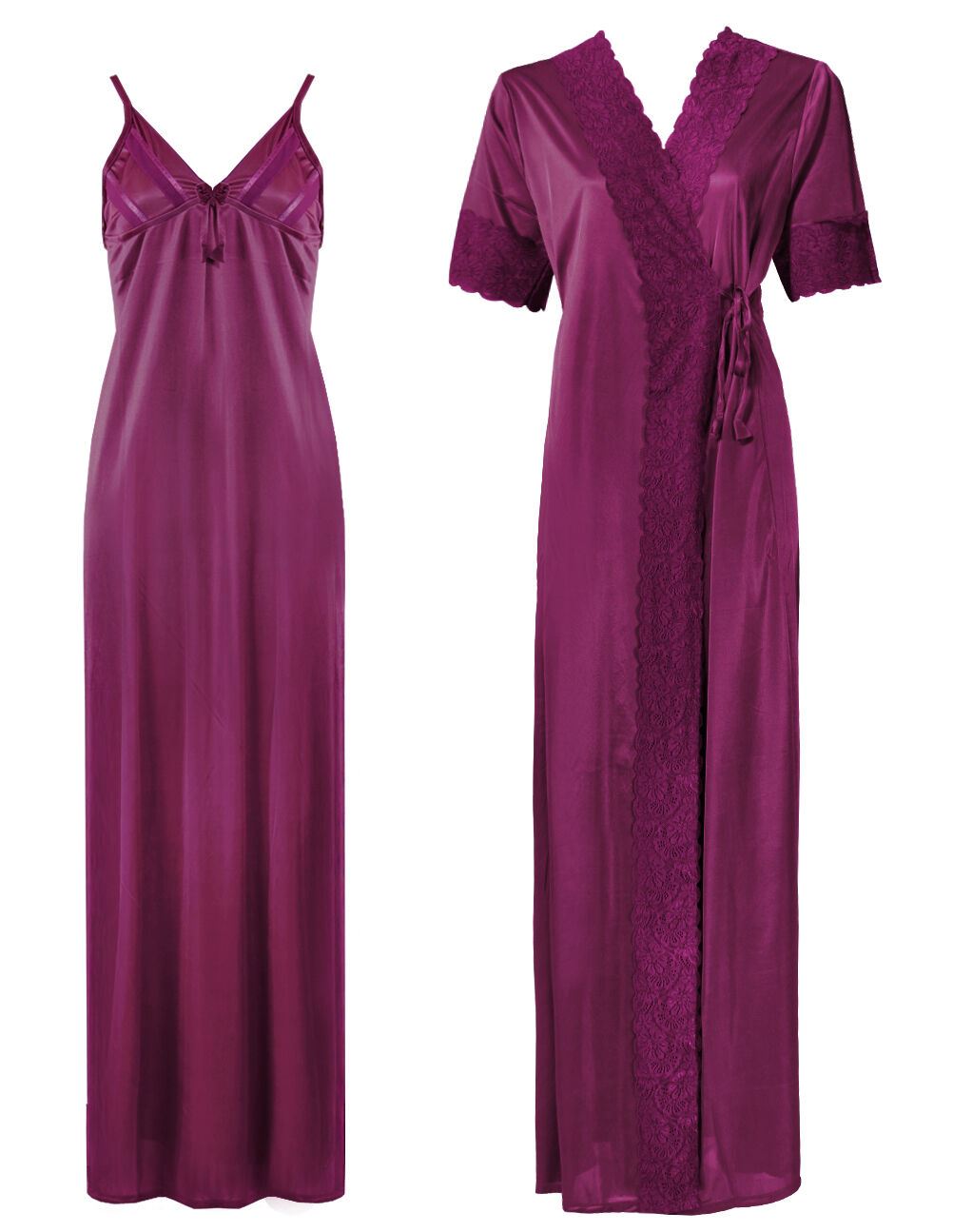 Purple / One Size: Regular Satin Long Strappy Nighty and Robe 2 Pcs Set The Orange Tags