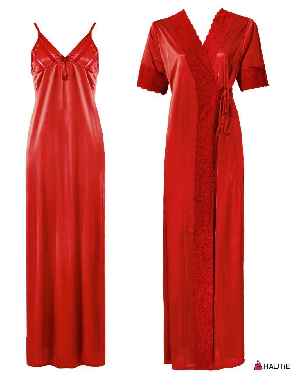 Red / One Size: Regular Satin Long Strappy Nighty and Robe 2 Pcs Set The Orange Tags
