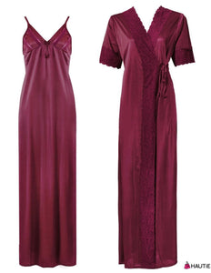 Wine / One Size: Regular Satin Long Strappy Nighty and Robe 2 Pcs Set The Orange Tags