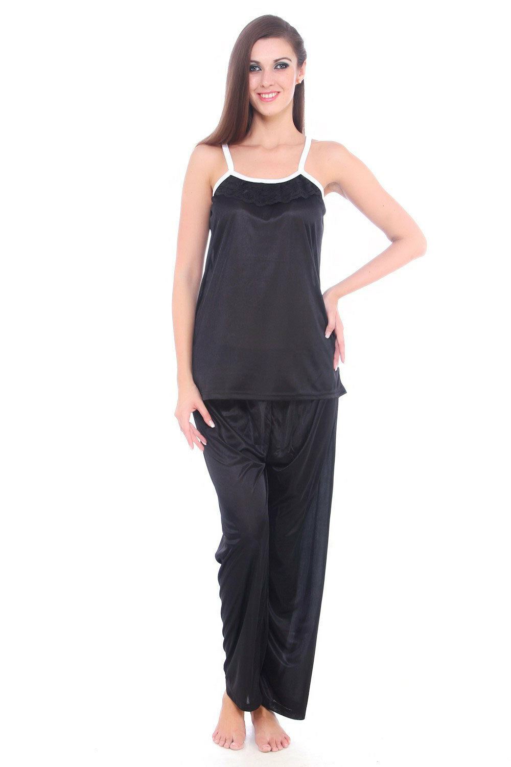Black / One Size: Regular (8-14) Satin Spaghetti Top & Pyjama Nightwear Set The Orange Tags