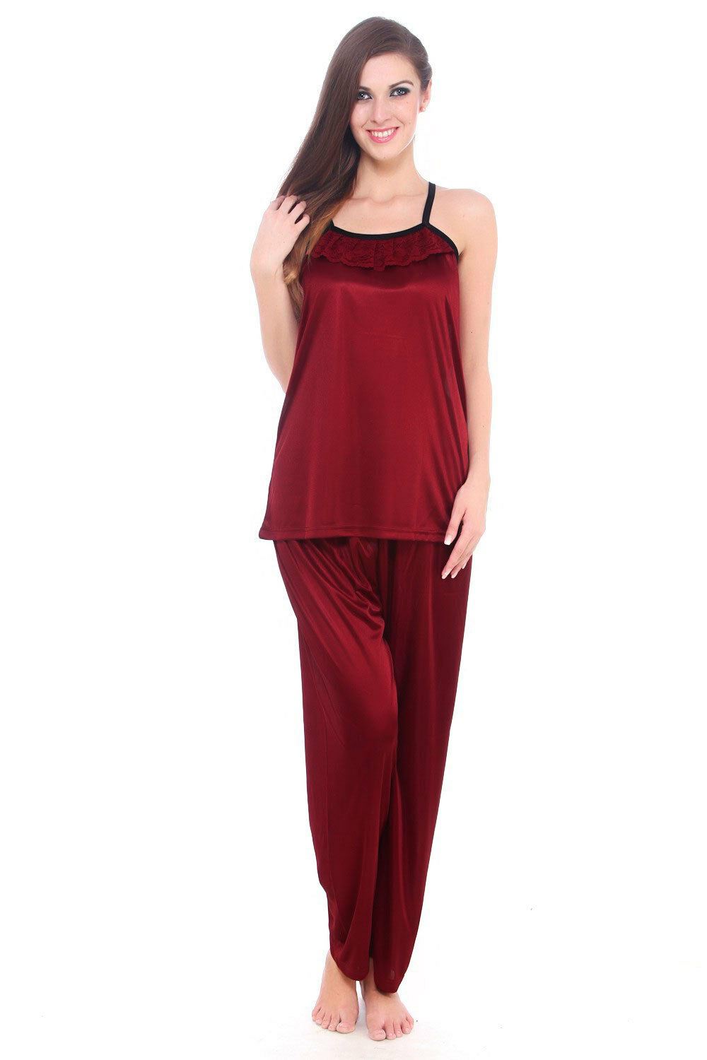 Deep Red / One Size: Regular (8-14) Satin Spaghetti Top & Pyjama Nightwear Set The Orange Tags