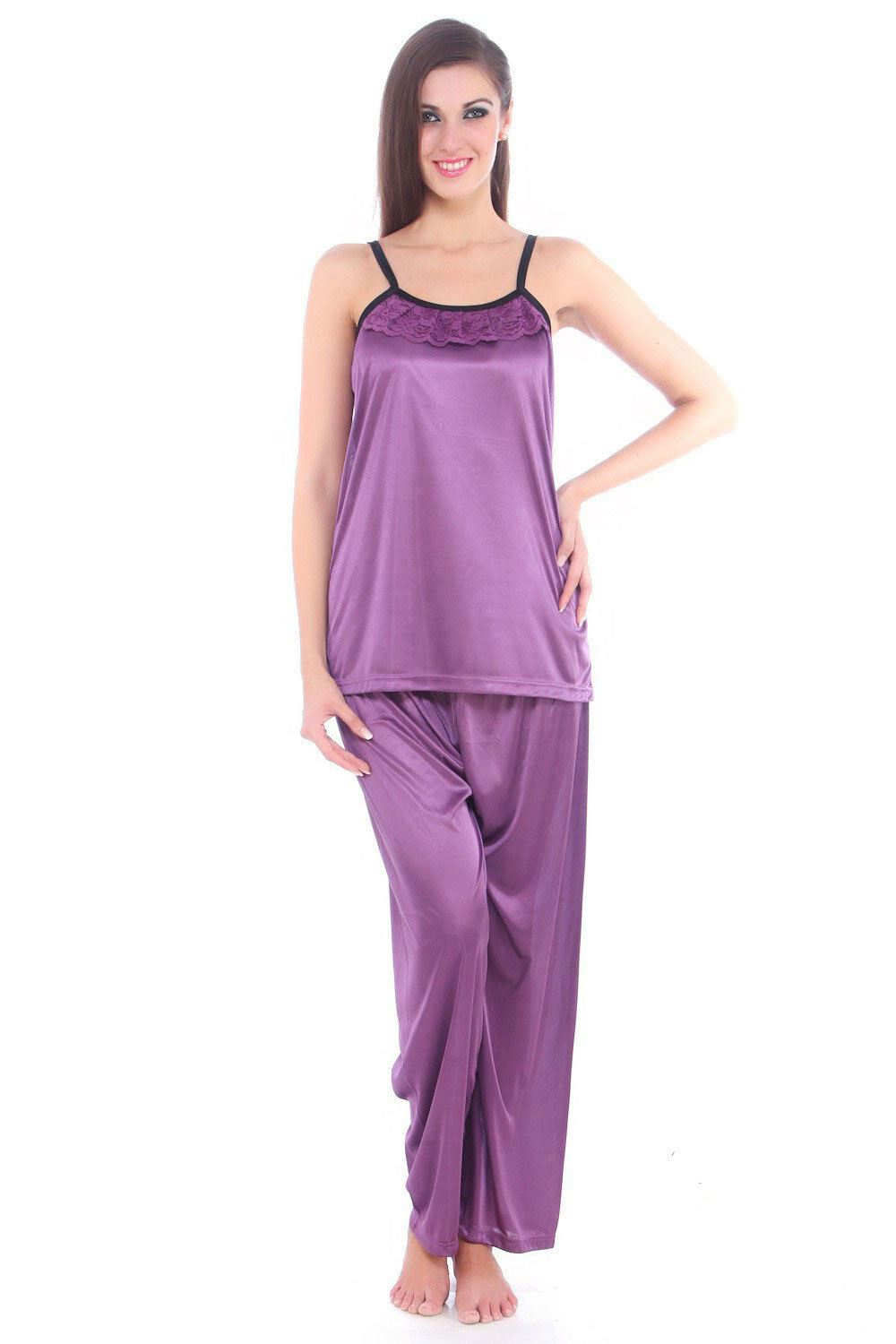 Purple / One Size: Regular (8-14) Satin Spaghetti Top & Pyjama Nightwear Set The Orange Tags
