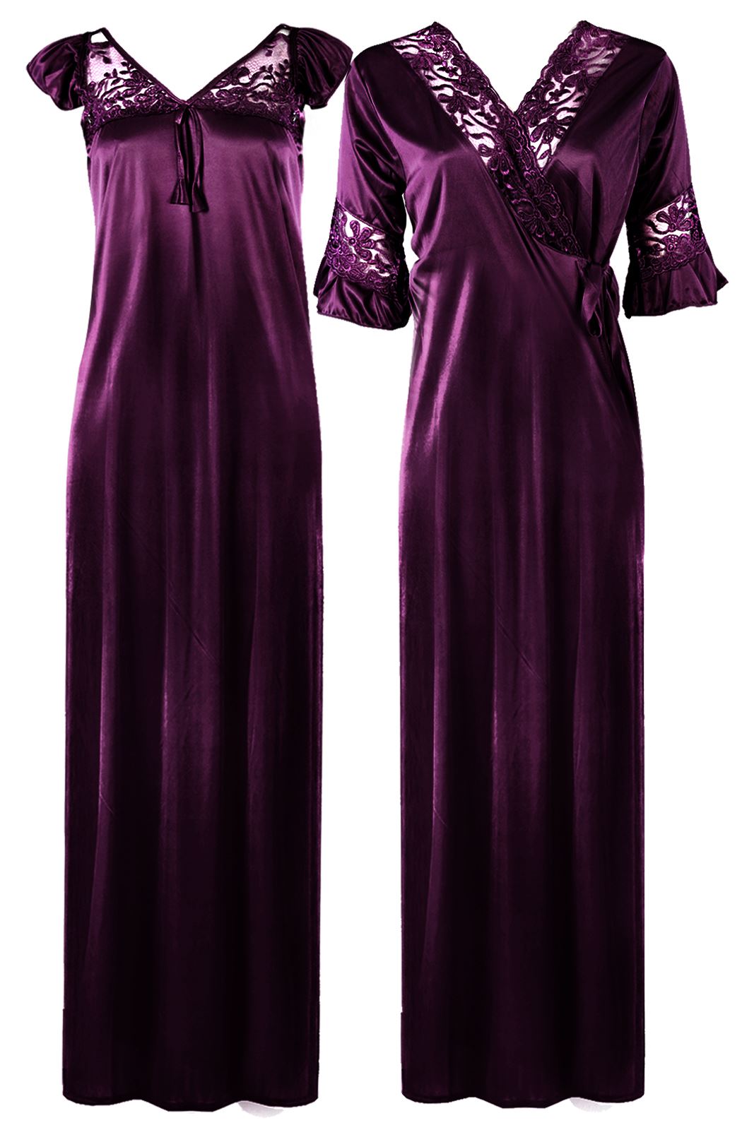Dark Purple / XXL Women Satin Long Nightdress Lace Detailed The Orange Tags