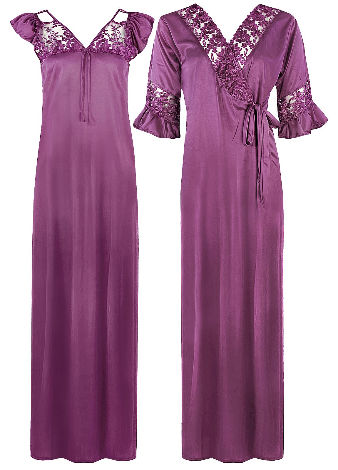 Light Purple / XXL Women Satin Long Nightdress Lace Detailed The Orange Tags