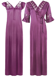 Light Purple / XXL Women Satin Long Nightdress Lace Detailed The Orange Tags