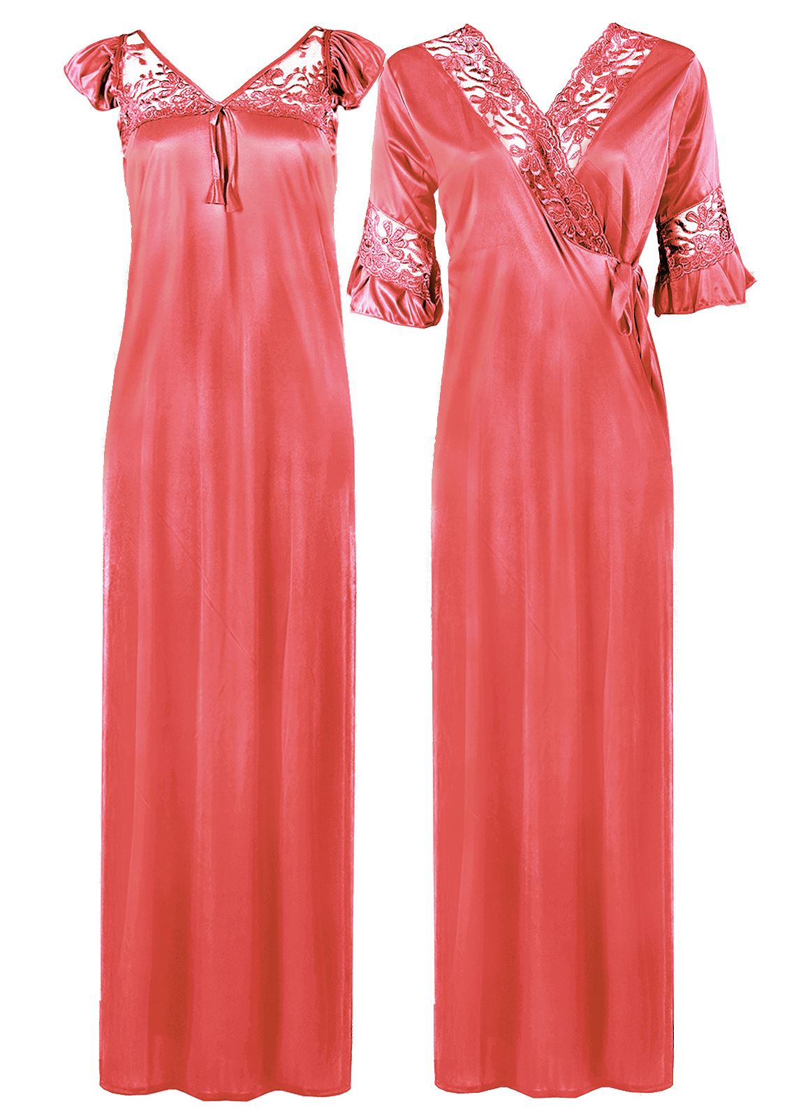 Coral / XXL Women Satin Long Nightdress Lace Detailed The Orange Tags