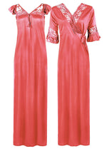 Load image into Gallery viewer, Coral / XXL Women Satin Long Nightdress Lace Detailed The Orange Tags
