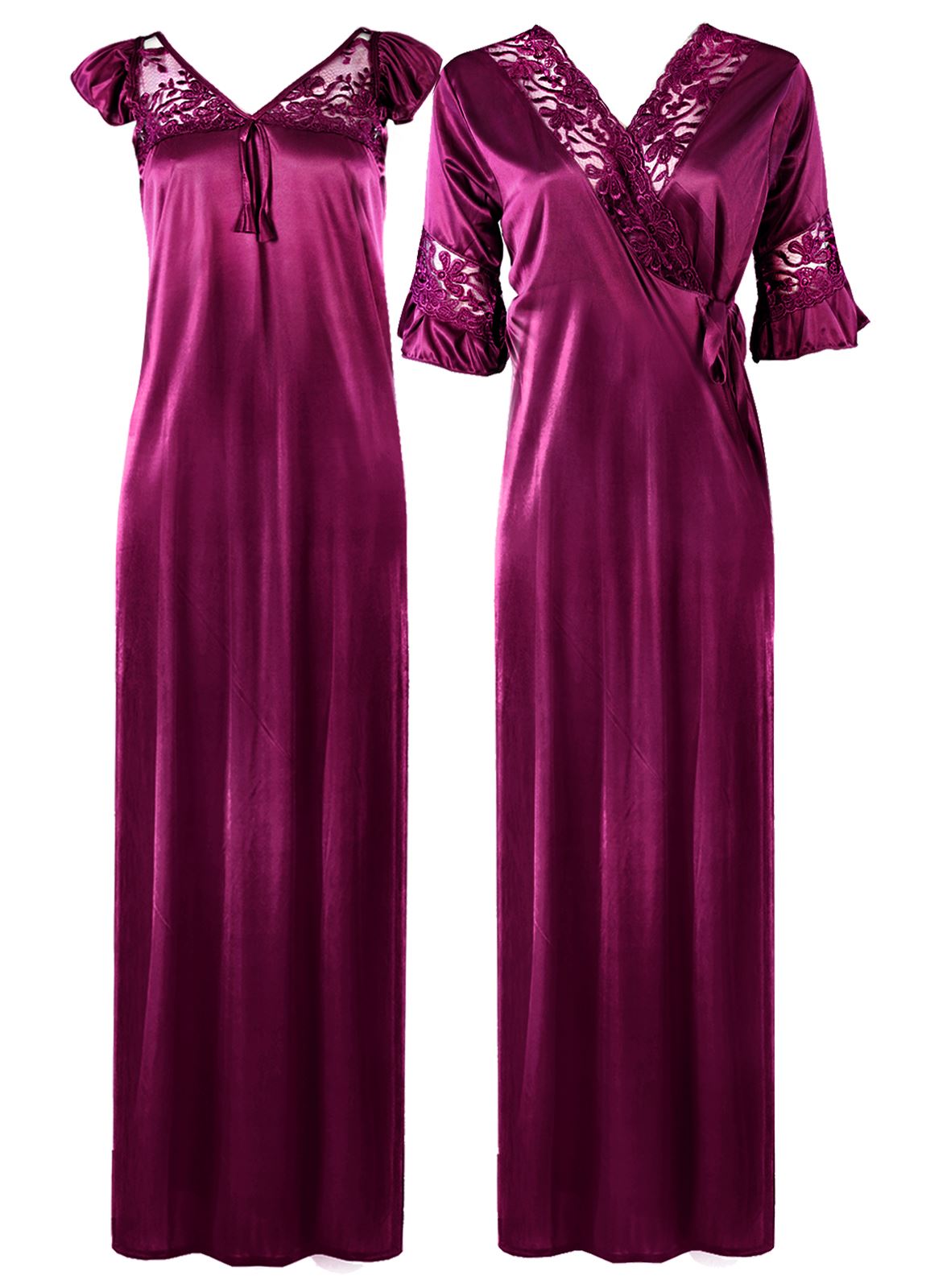 Purple / XXL Women Satin Long Nightdress Lace Detailed The Orange Tags