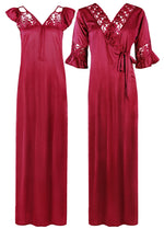 Load image into Gallery viewer, Wine / XXL Women Satin Long Nightdress Lace Detailed The Orange Tags
