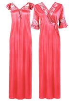 Načíst obrázek do prohlížeče Galerie, Coral Pink / XXL Women Satin Long Nightdress Lace Detailed The Orange Tags
